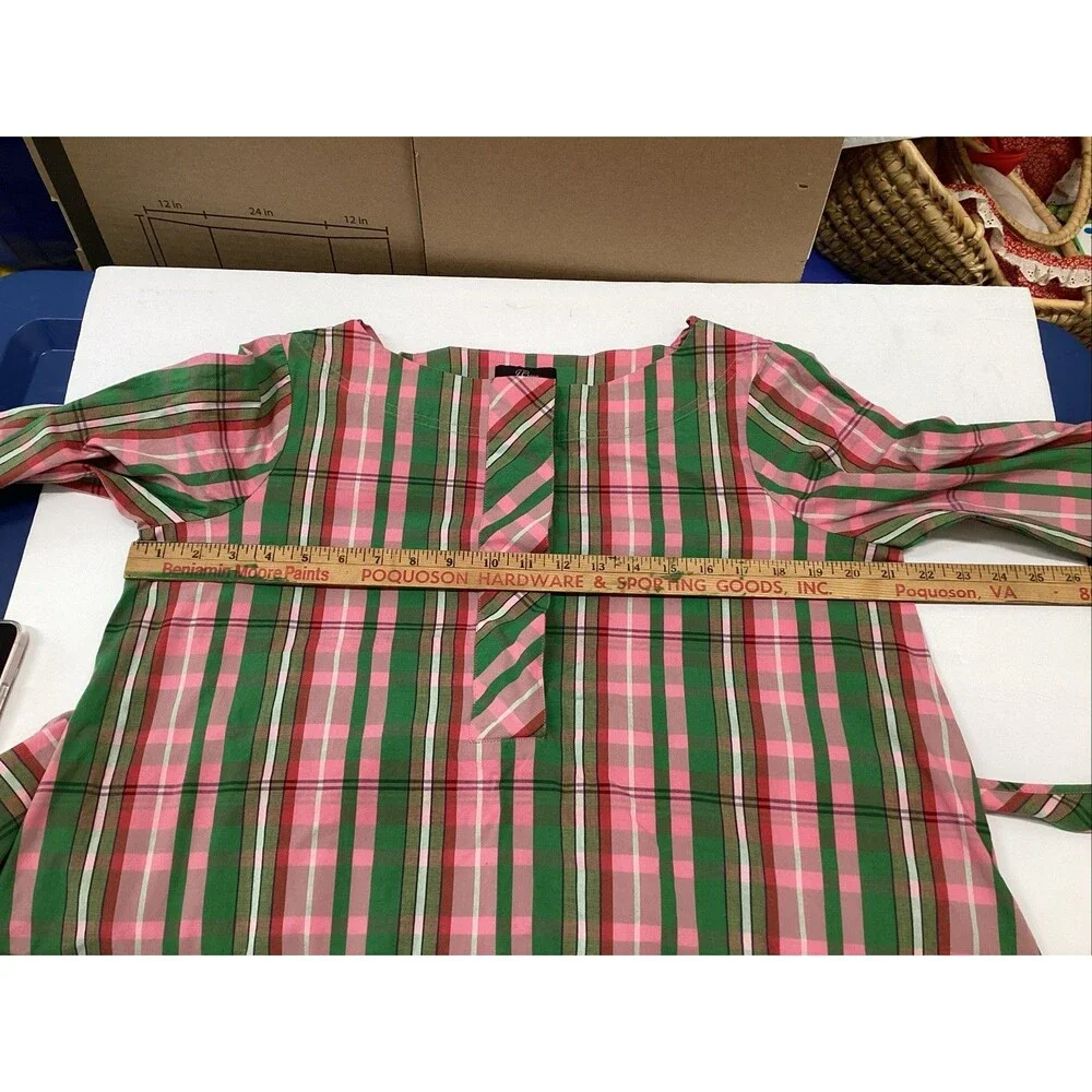 j crew tie waist poplin shirt dress sz 6 stretch cotton pink/green plaid